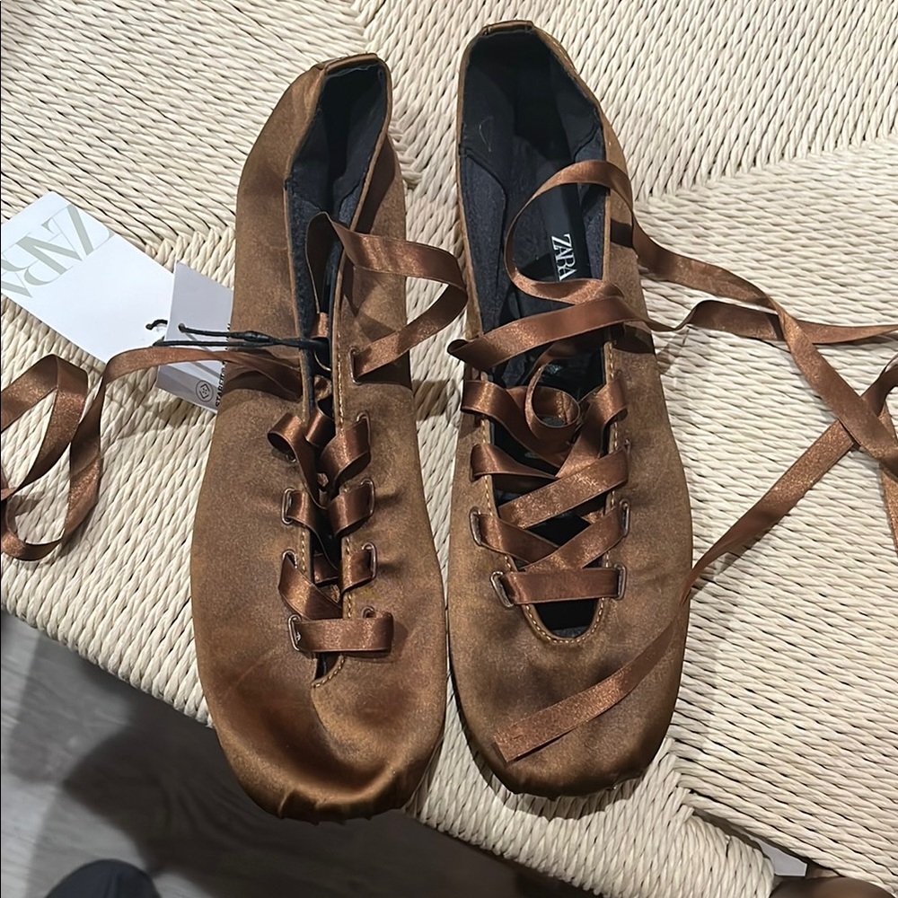 Balet Flats Zara Brown Satin Ballet Slippers with Intricate Design